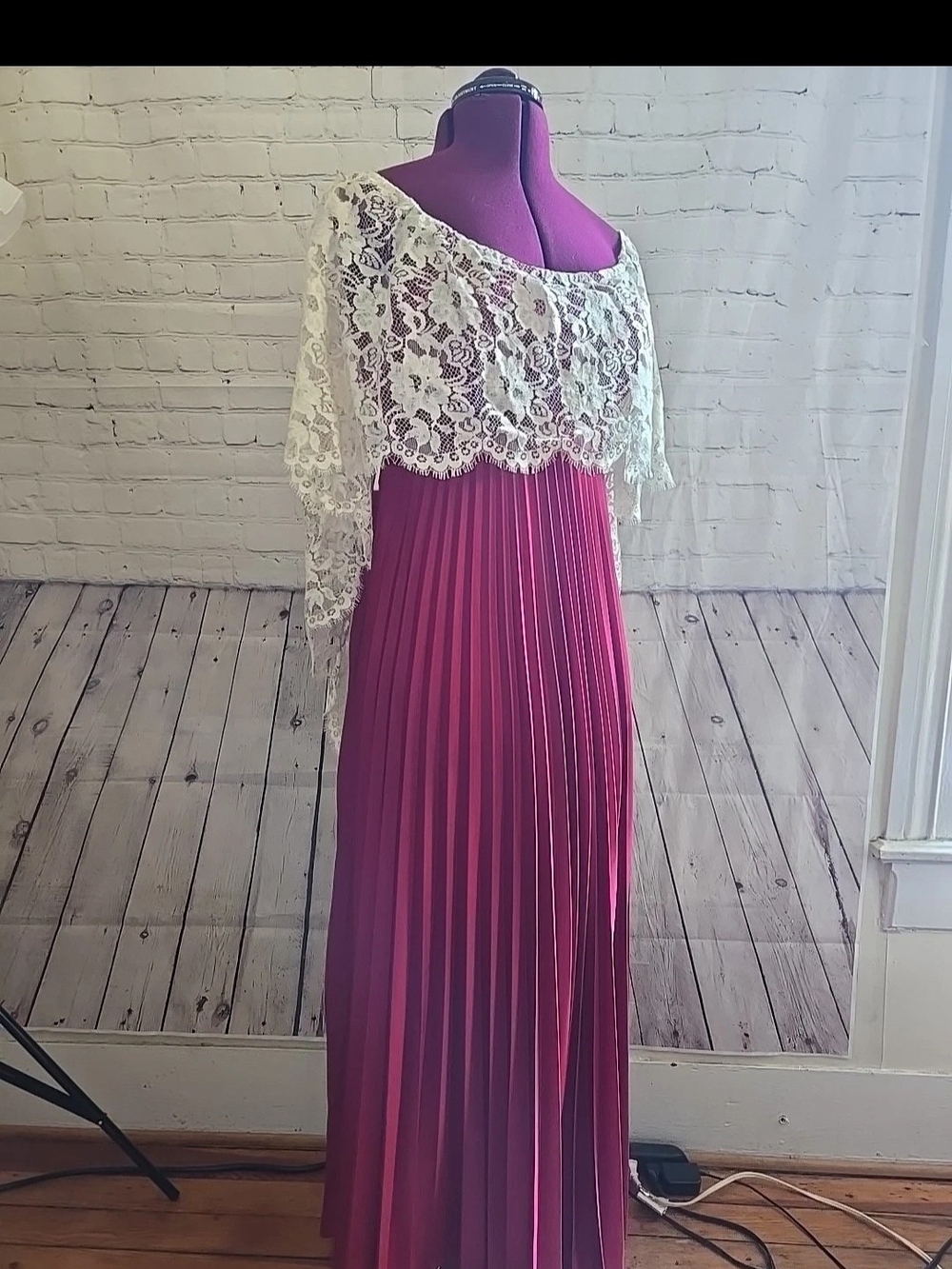 70s American Vintage Lace Empire Prairie Capelet Maxi Formal Pleated Dress Sm